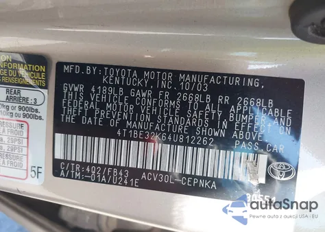 2004 Toyota Camry Le from USA, damaged, VIN 4T1BE32K64U812262